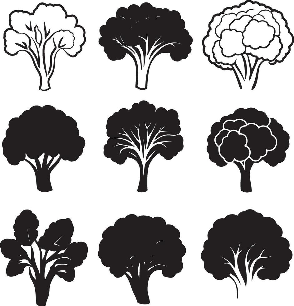 Black and white icon set of broccoli trees. vector