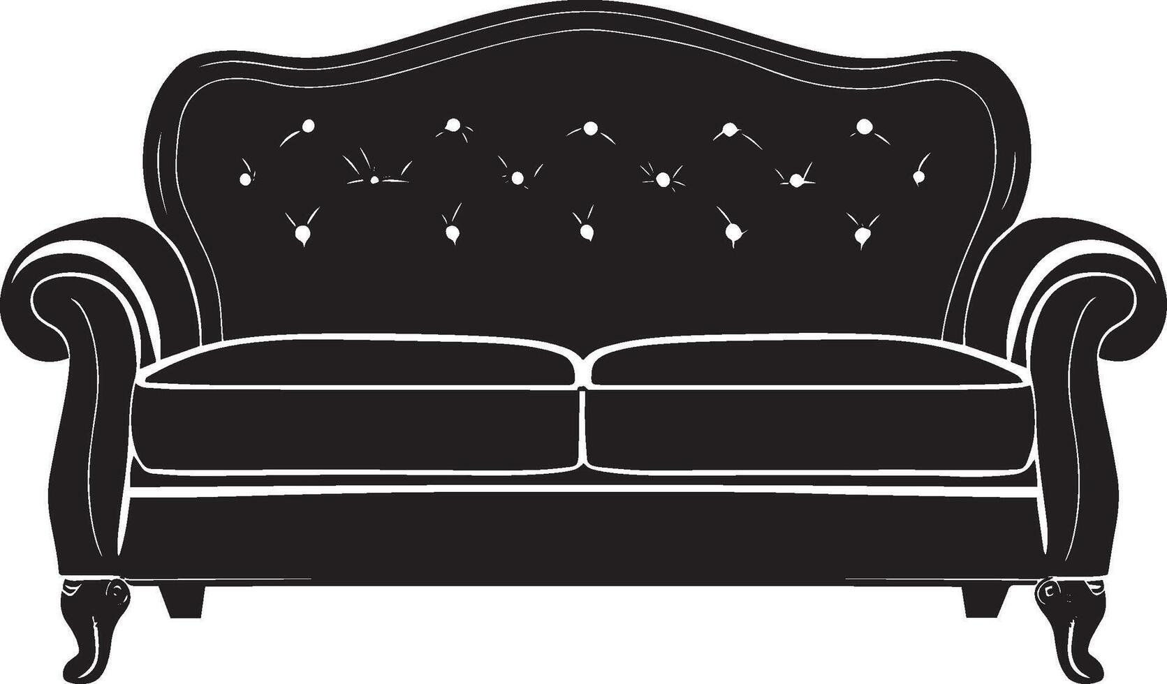 Black silhouette of a sofa icon with a clean, simple design. vector