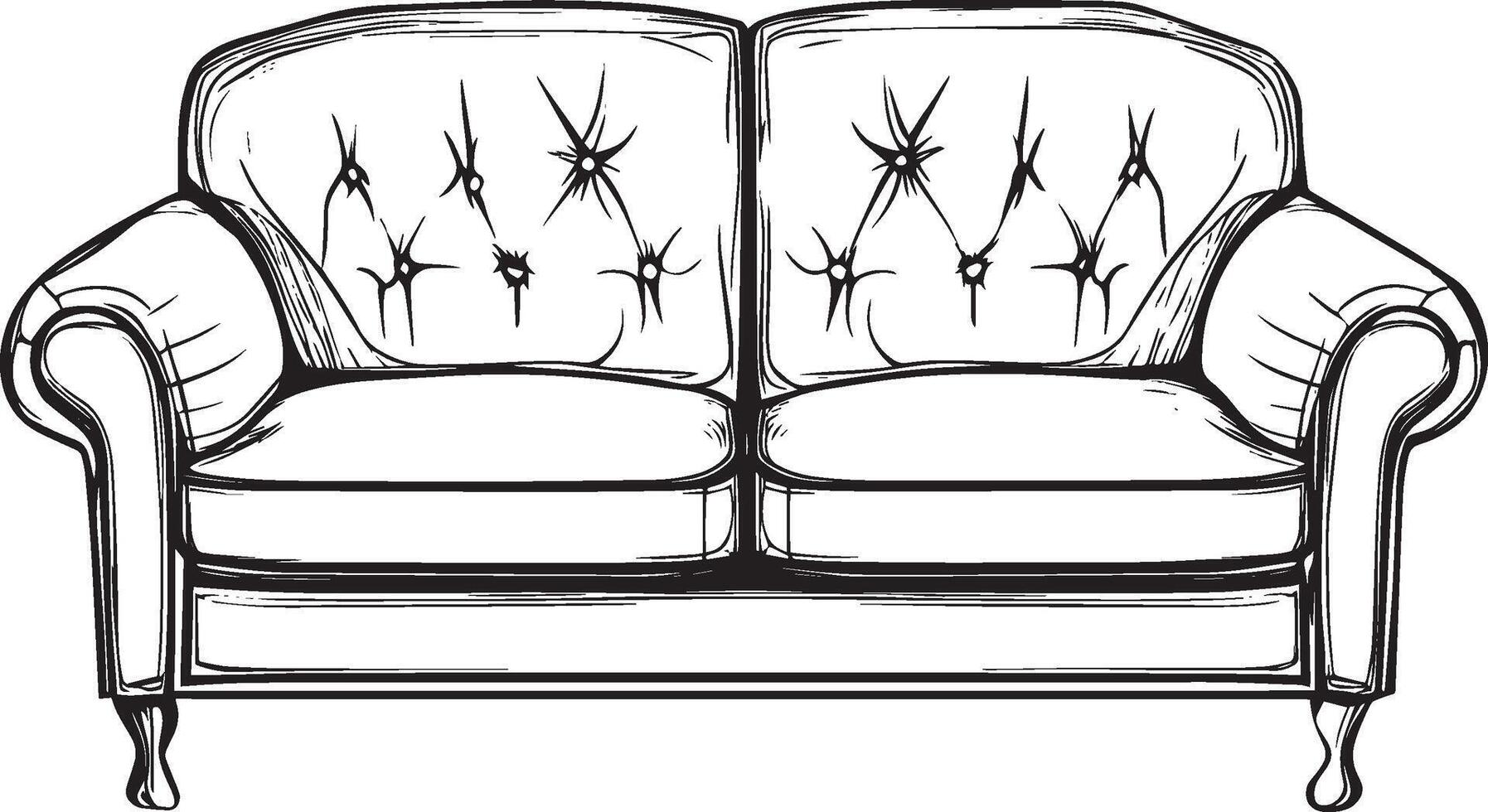 Simplistic black drawing of a couch featuring a linear design. vector
