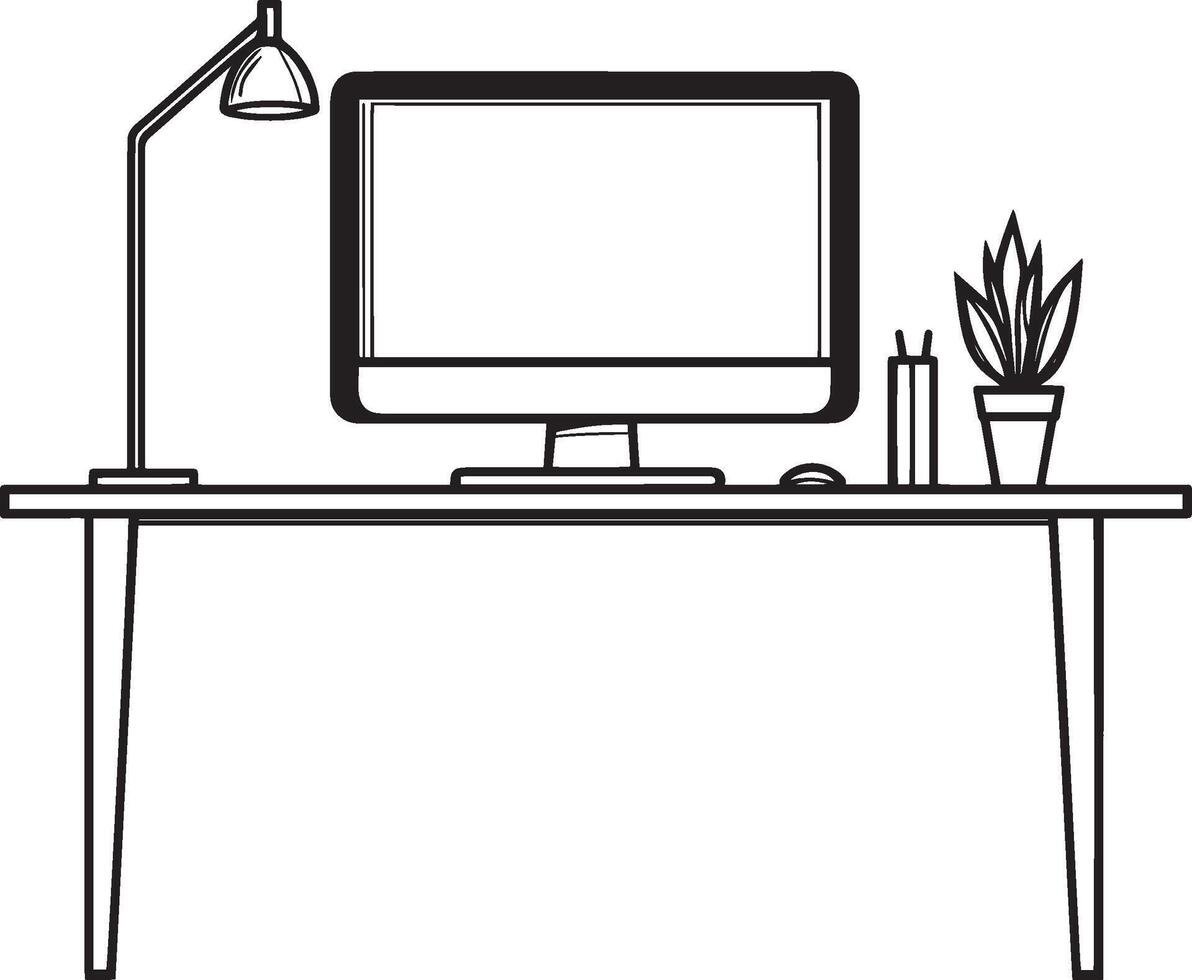 Office computer desk clean simple linear outline black illustration vector