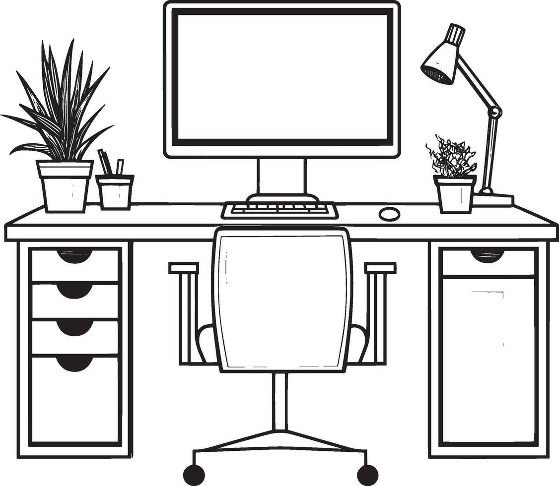 Clean and simple black linear outline of an office computer desk illustration. vector