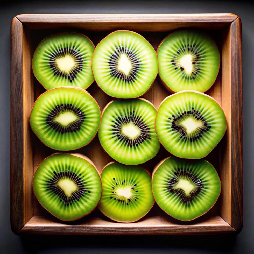 Nine Slices of Freshly Cut Kiwi Fruit in a Wooden Box photo