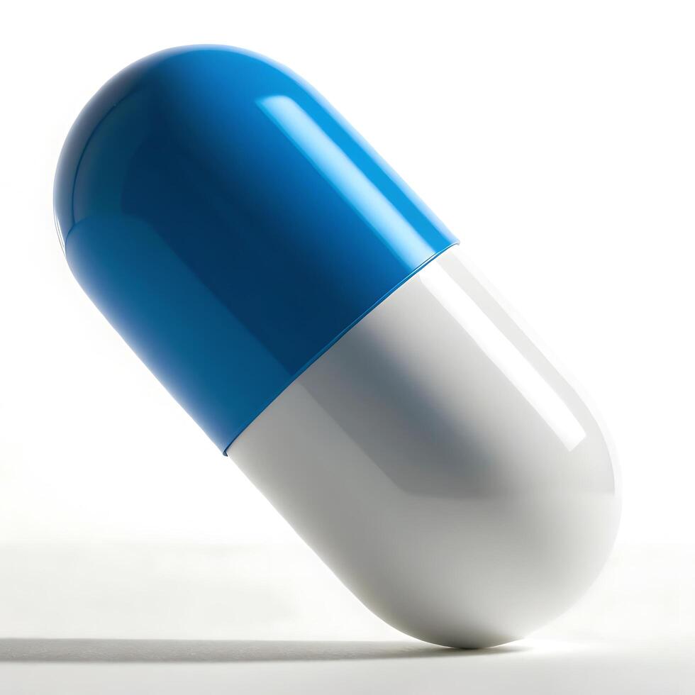 Closeup of a Blue and White Medicine Capsule photo