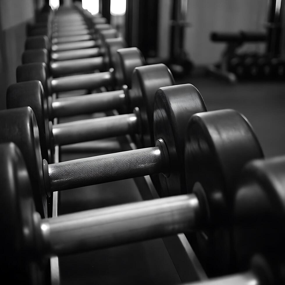 A row of dumbbells in a gym photo