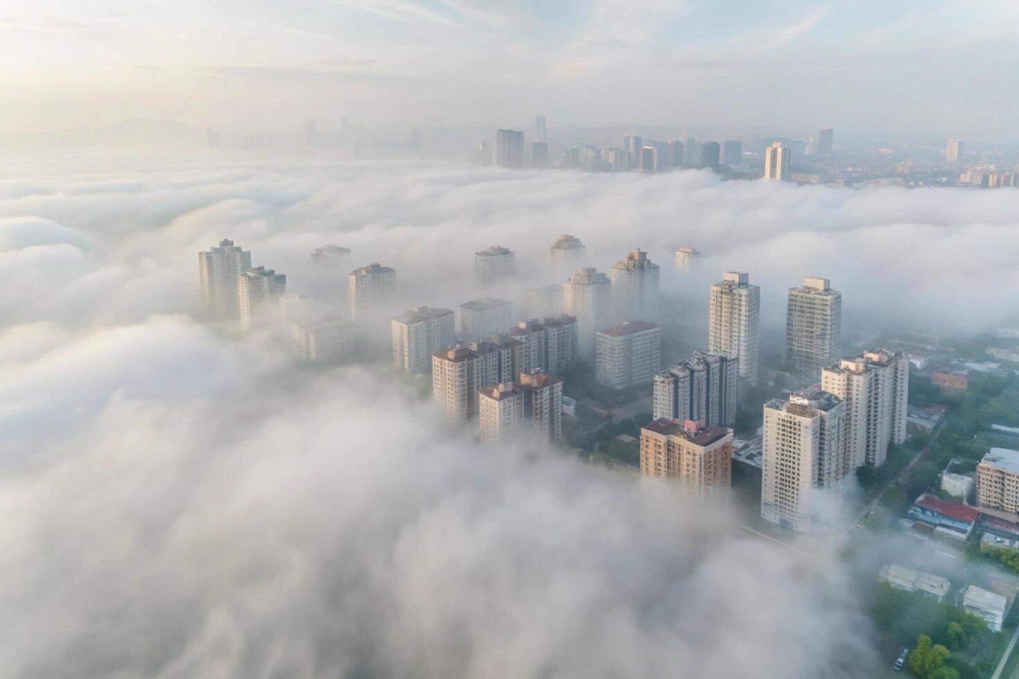 Misty Cityscape Aerial View of Buildings Enveloped in Fog at Sunrise photo