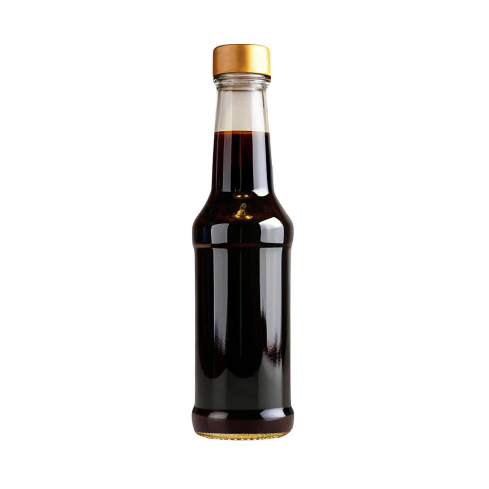 A Glass Bottle of Dark Soy Sauce with a Gold Cap Isolated on White Background photo