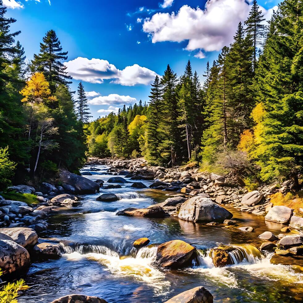Serene Autumn River Flowing Through Lush Green and Golden Forest Under a Bright Blue Sky photo