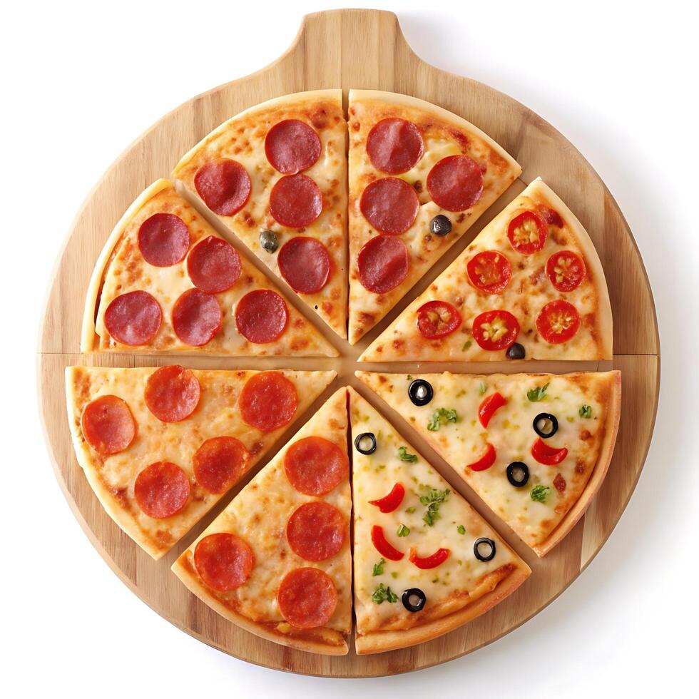 A pizza with different toppings on a wooden board photo