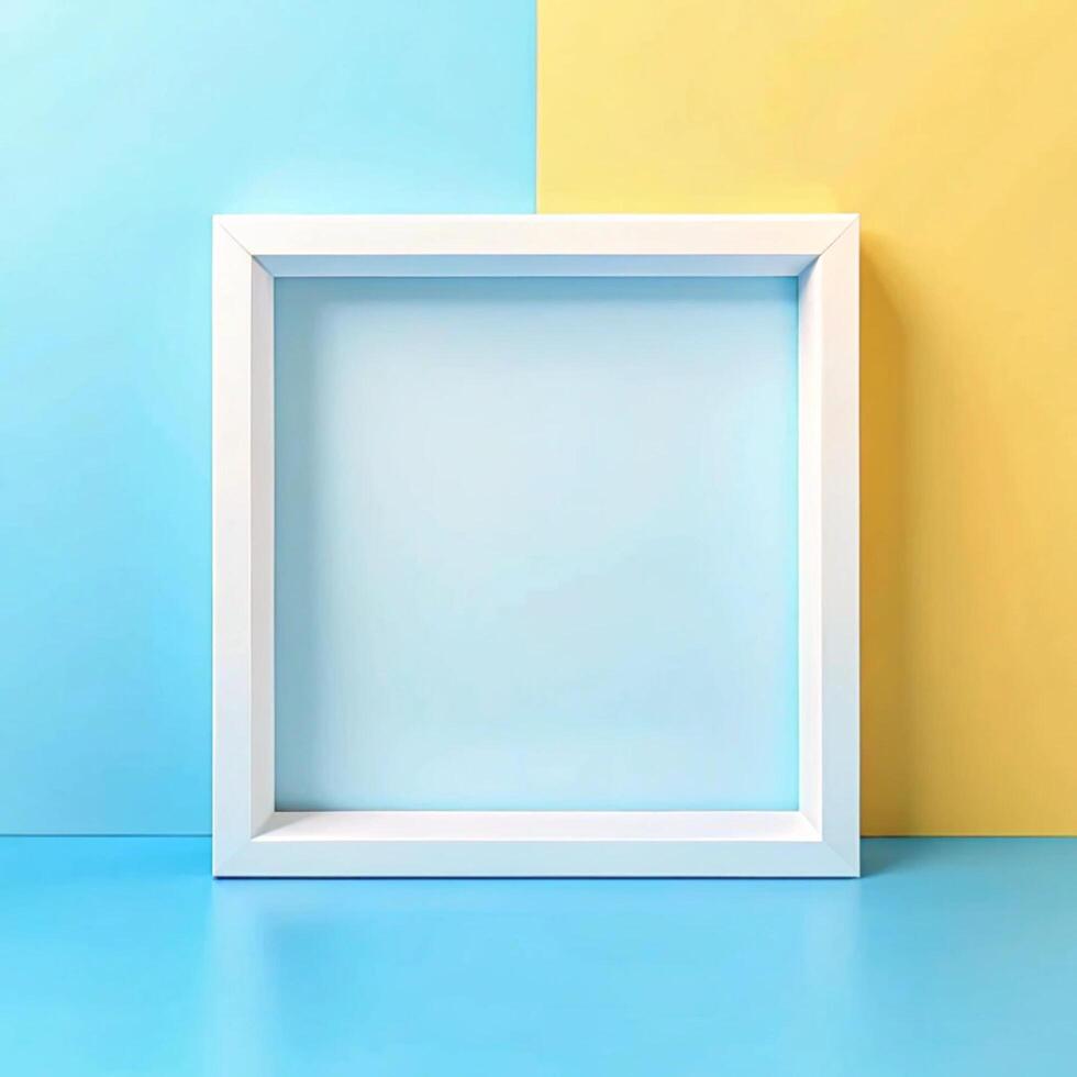 White picture frame on a blue and yellow background minimalist design aesthetic photo