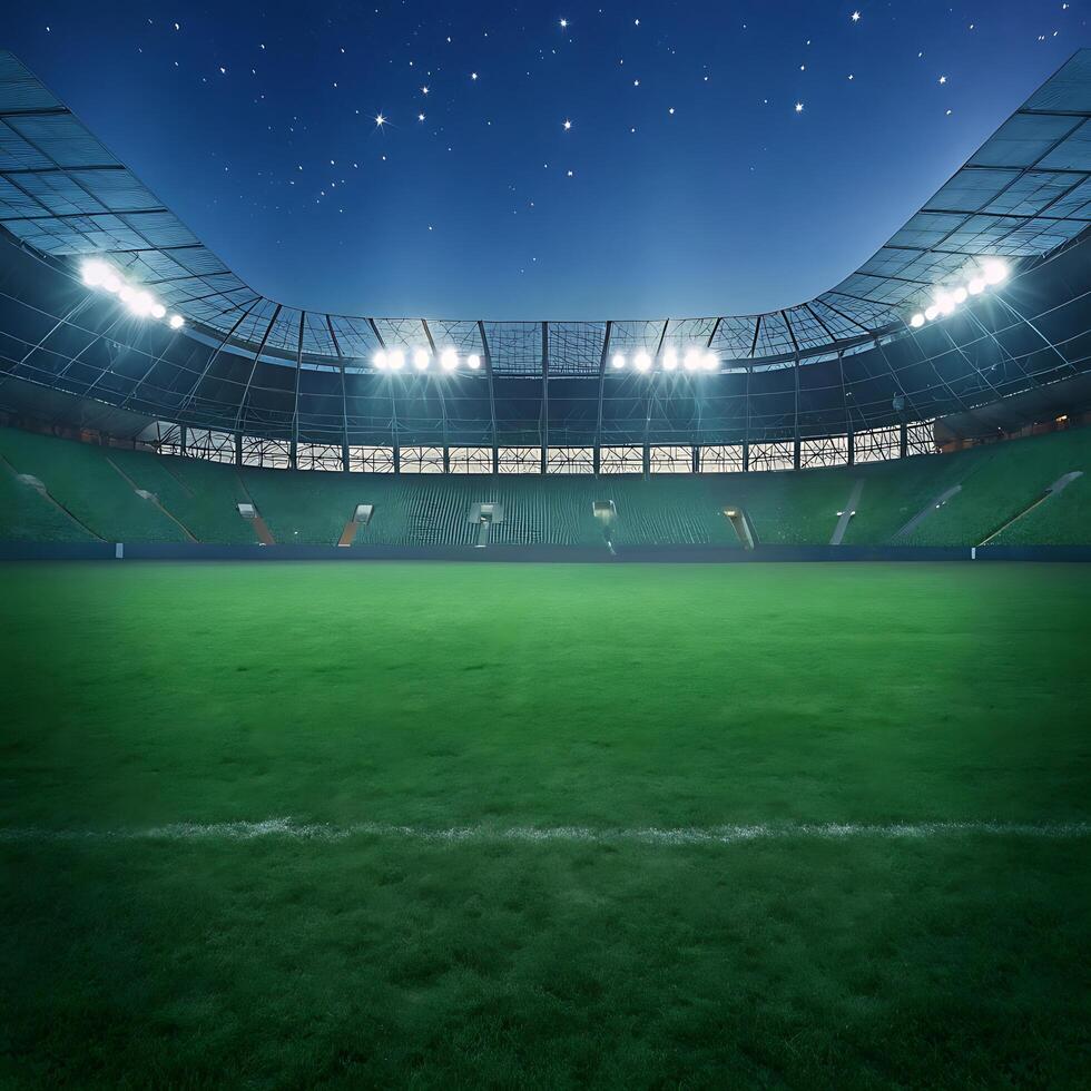 Empty Stadium at Night Under a Starry Sky A View of the Lush Green Field and Bright Stadium Lights photo