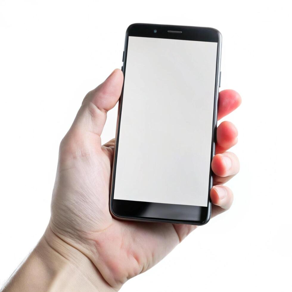 A hand holding a smartphone with a blank white screen display on a white background photo