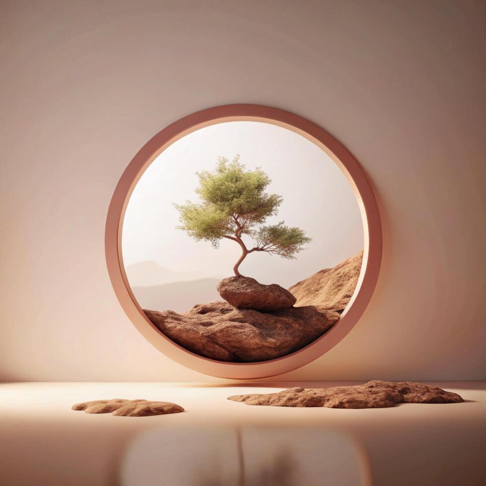 Serene Minimalist Zen Garden Scene with Tree on Rock in Circular Frame photo