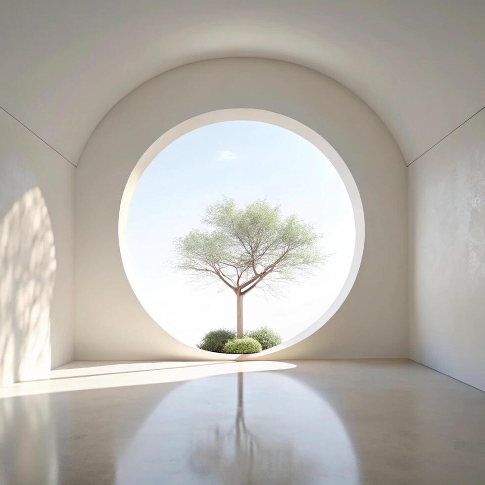 Minimalist Interior Design Featuring a Circular Window and a Lone Tree photo