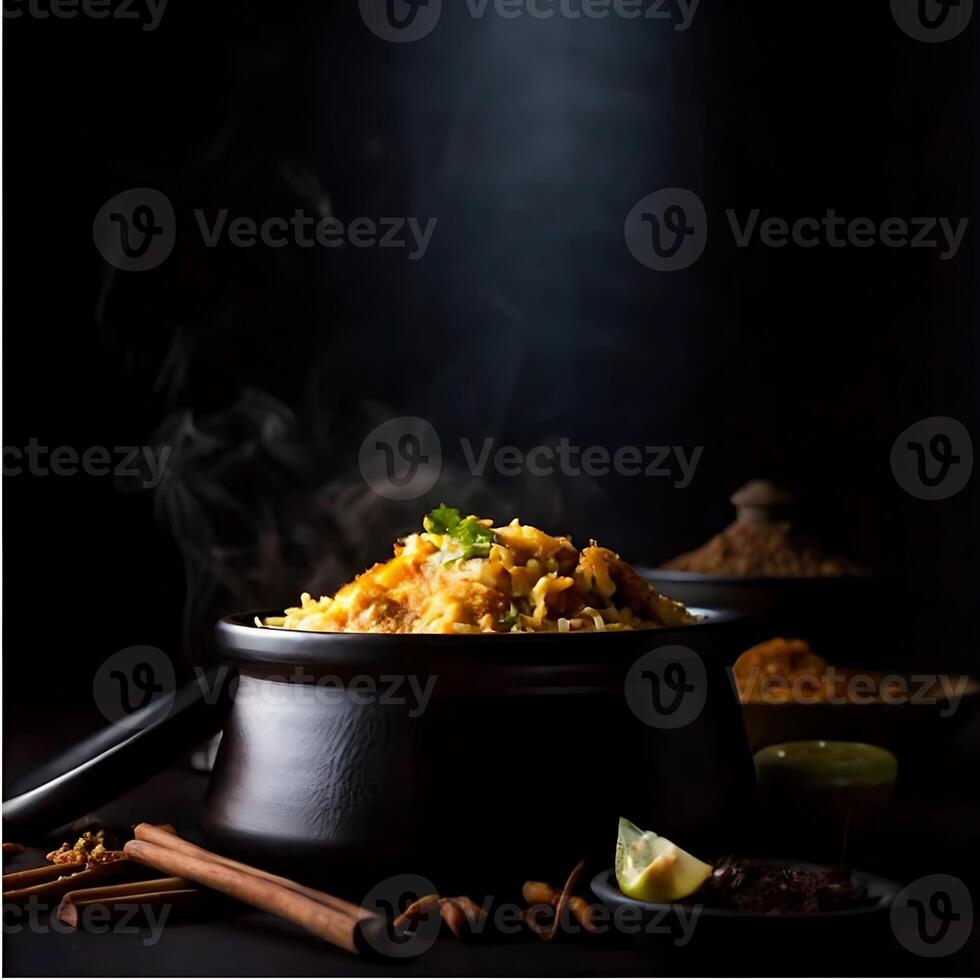 Aromatic Chicken Biryani in a Black Clay Pot with Spices and Garnish photo