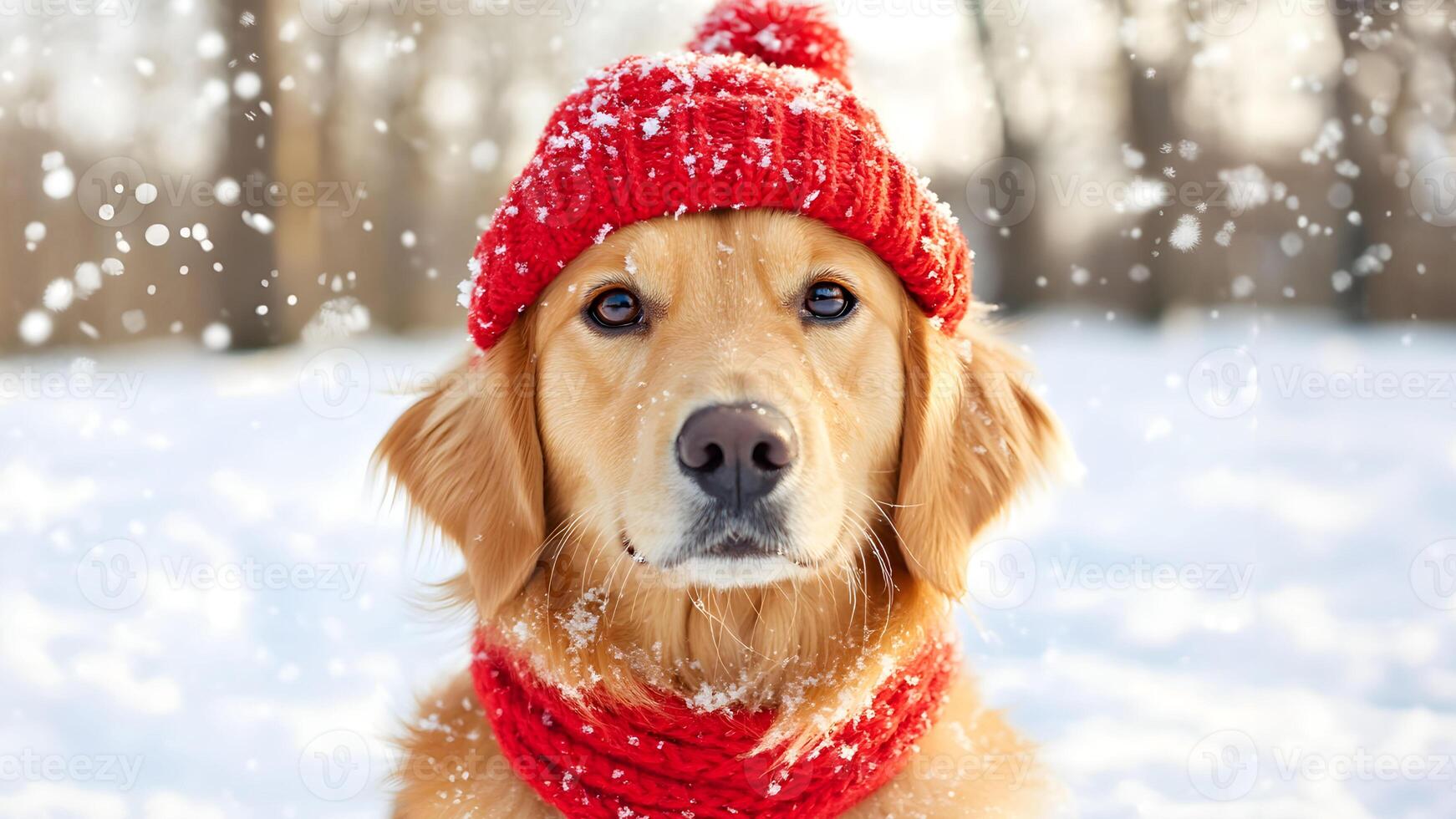 Golden retriever wearing a red hat and scarf enjoying a snowy winter day photo