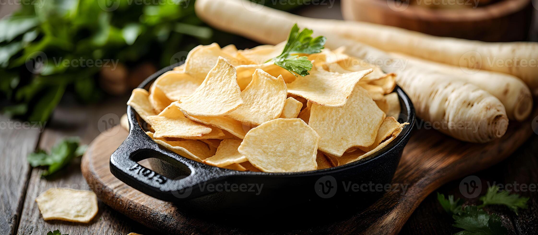 Crispy root vegetable chips served in a cast iron skillet on a rustic wooden table with fresh ingredients photo