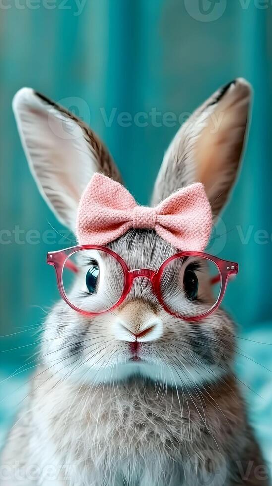 Cute rabbit wearing glasses and a pink bow tie sitting against a blue background photo