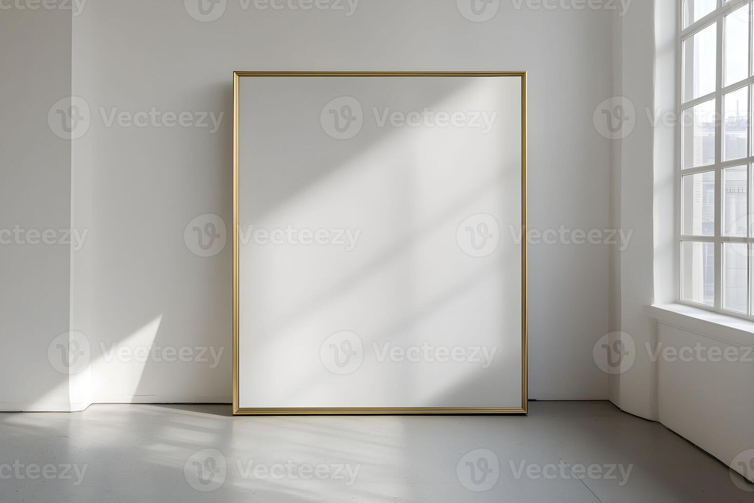 Blank frame for wall art mockup in a modern, minimalist interior with neutral tones and natural light photo