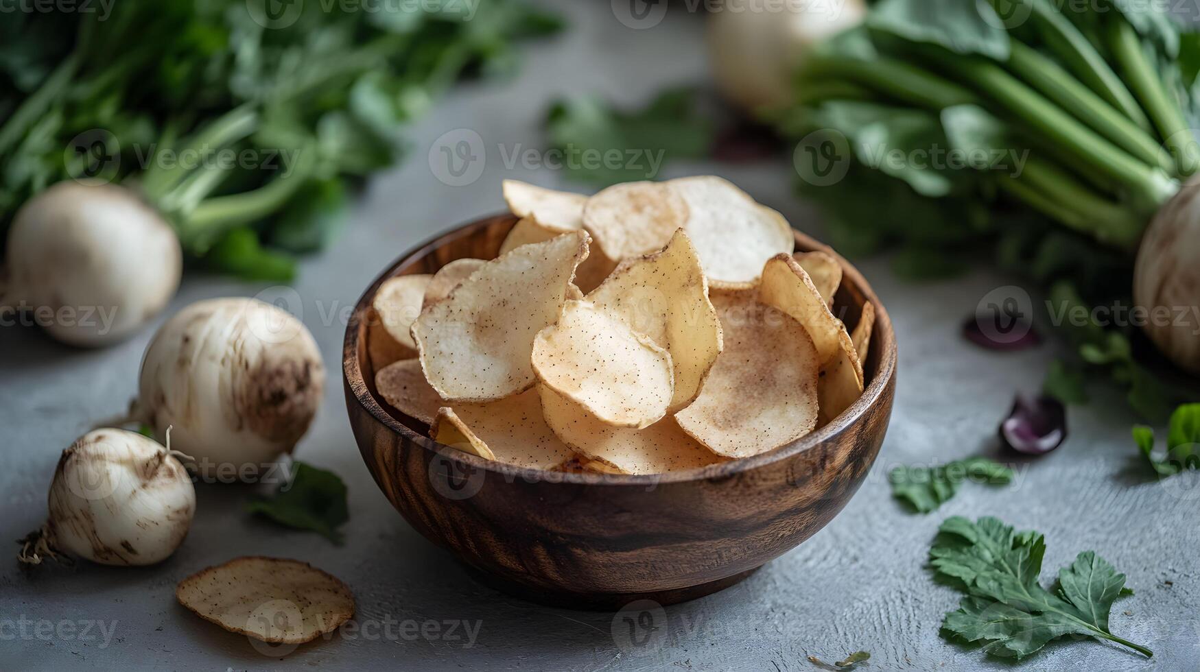 Crispy radish chips in a wooden bowl surrounded by fresh vegetables in a rustic kitchen setting photo