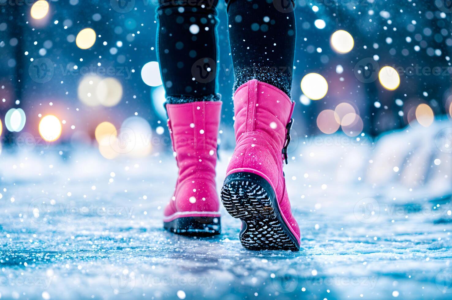 Bright pink winter boots make a bold statement while walking through a snowy city street at night photo
