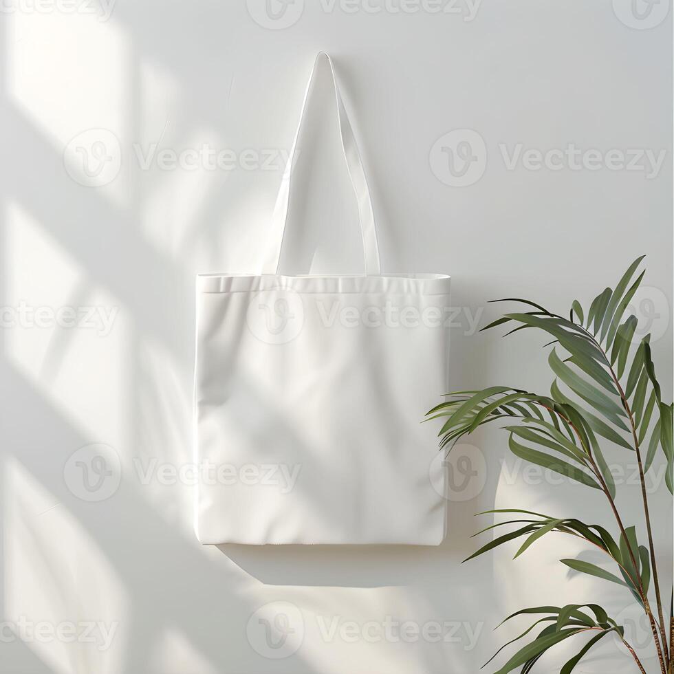 Simple white tote bag for mockup hanging against a light wall with shadows cast by nearby plants in a bright setting photo