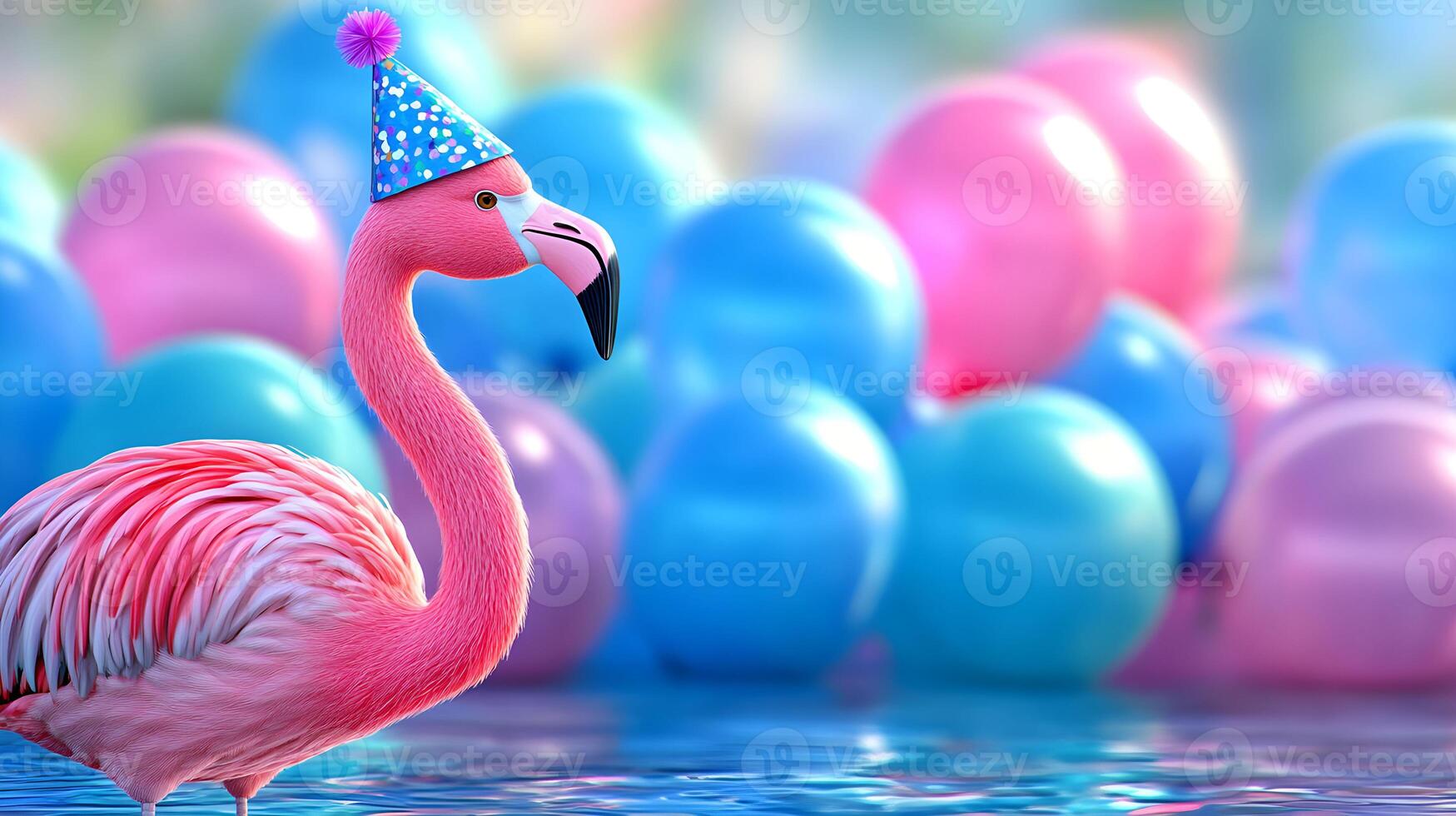 Bright pink flamingo wearing a party hat celebrates with colorful balloons on the background with copy space. photo