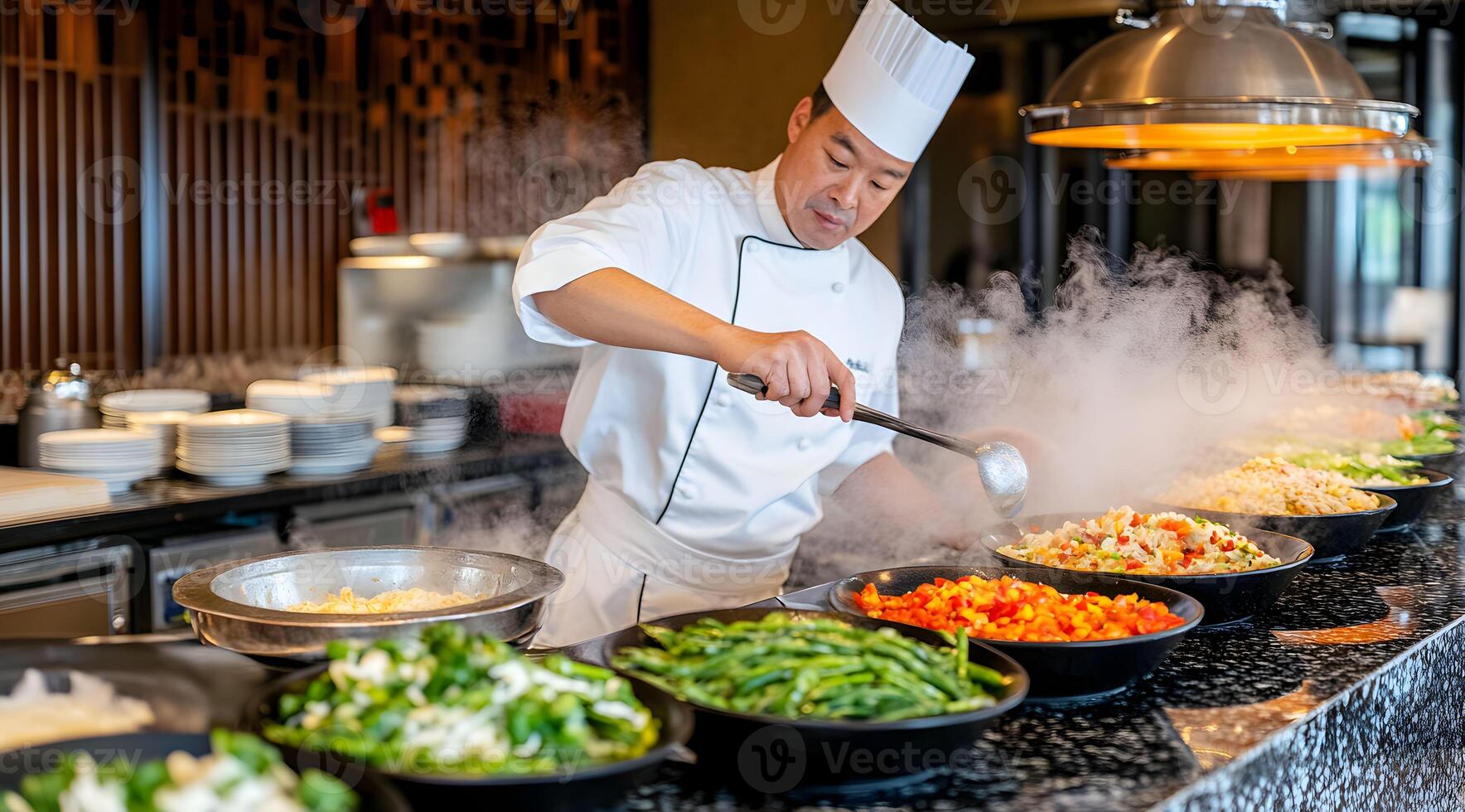 Chef expertly prepares a variety of colorful dishes in an upscale buffet restaurant during a busy lunch service photo