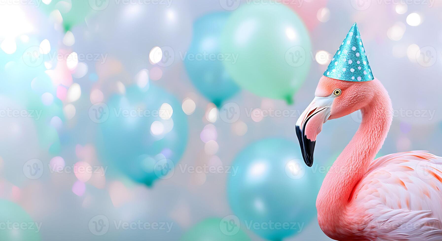 Flamingo wearing a party hat amidst pastel balloons for a festive celebration event on the background with copy space. photo