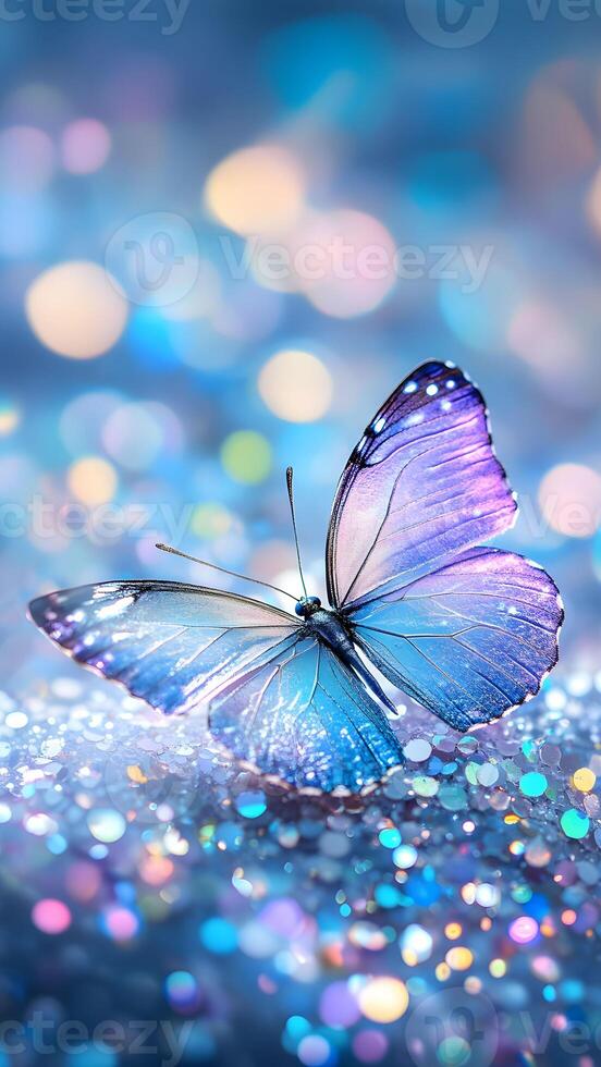 A vibrant blue and purple butterfly rests gracefully atop a glimmering surface filled with iridescent sparkles. The background features soft bokeh lights. photo
