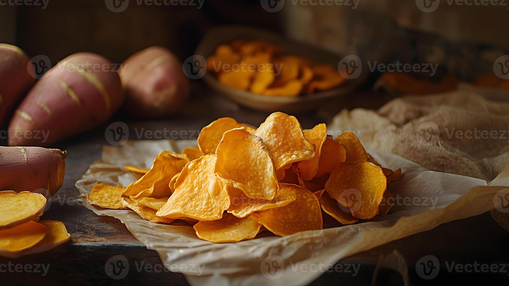 Sweet potato chips arranged on a wooden surface with fresh sweet potatoes in the background photo