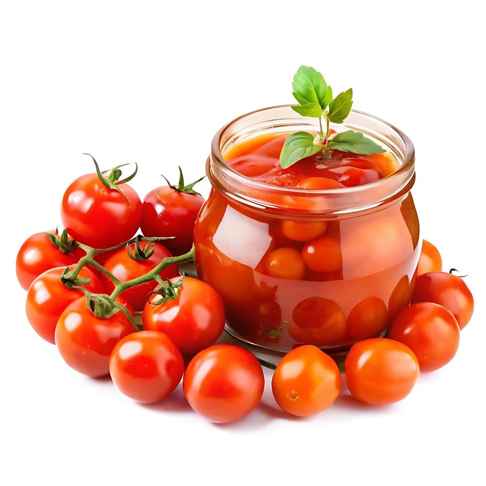 Jar of Homemade Tomato Sauce with Fresh Tomatoes and Basil photo