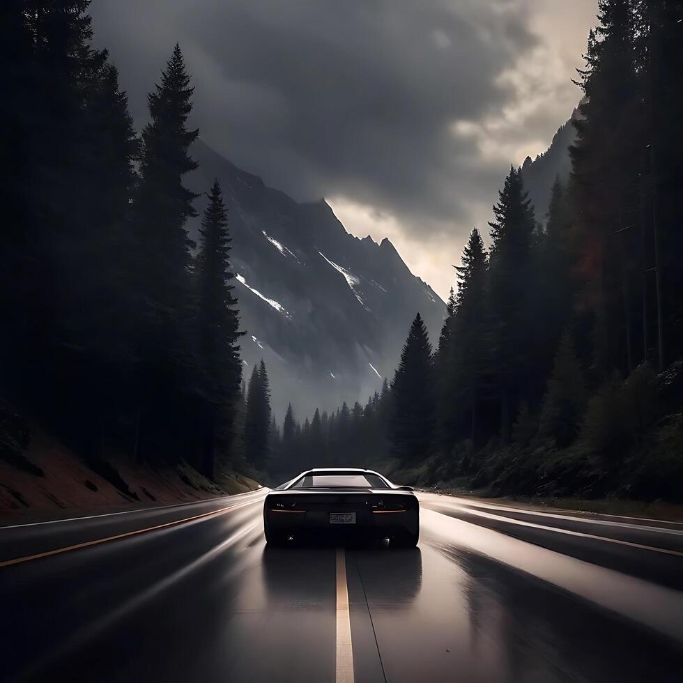 Dark Clouds and Mountain Peaks Surround a Sleek Black Sports Car Driving on a Wet Asphalt Road photo