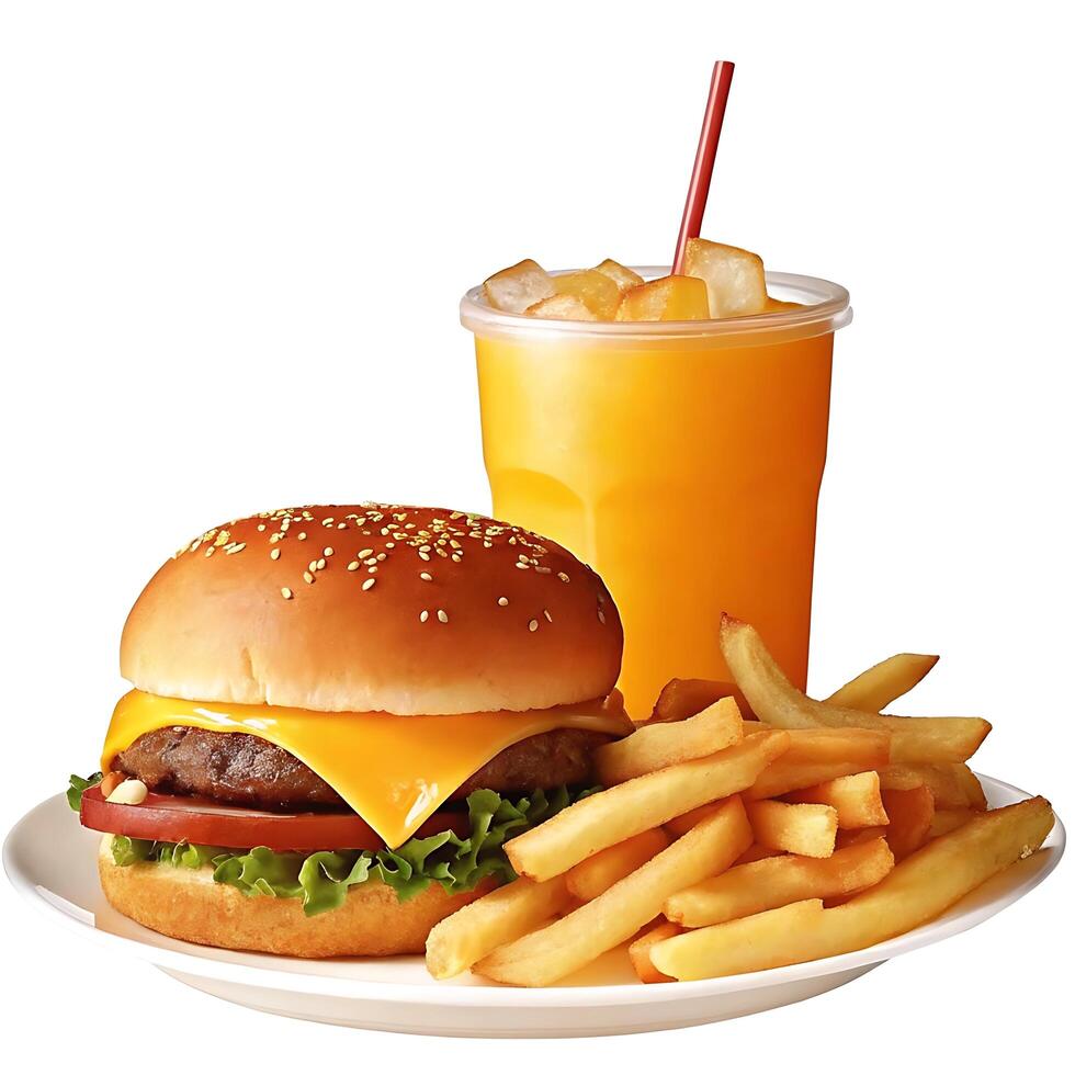 classic fast food meal with cheeseburger, fries, and orange juice for lunch or snack photo