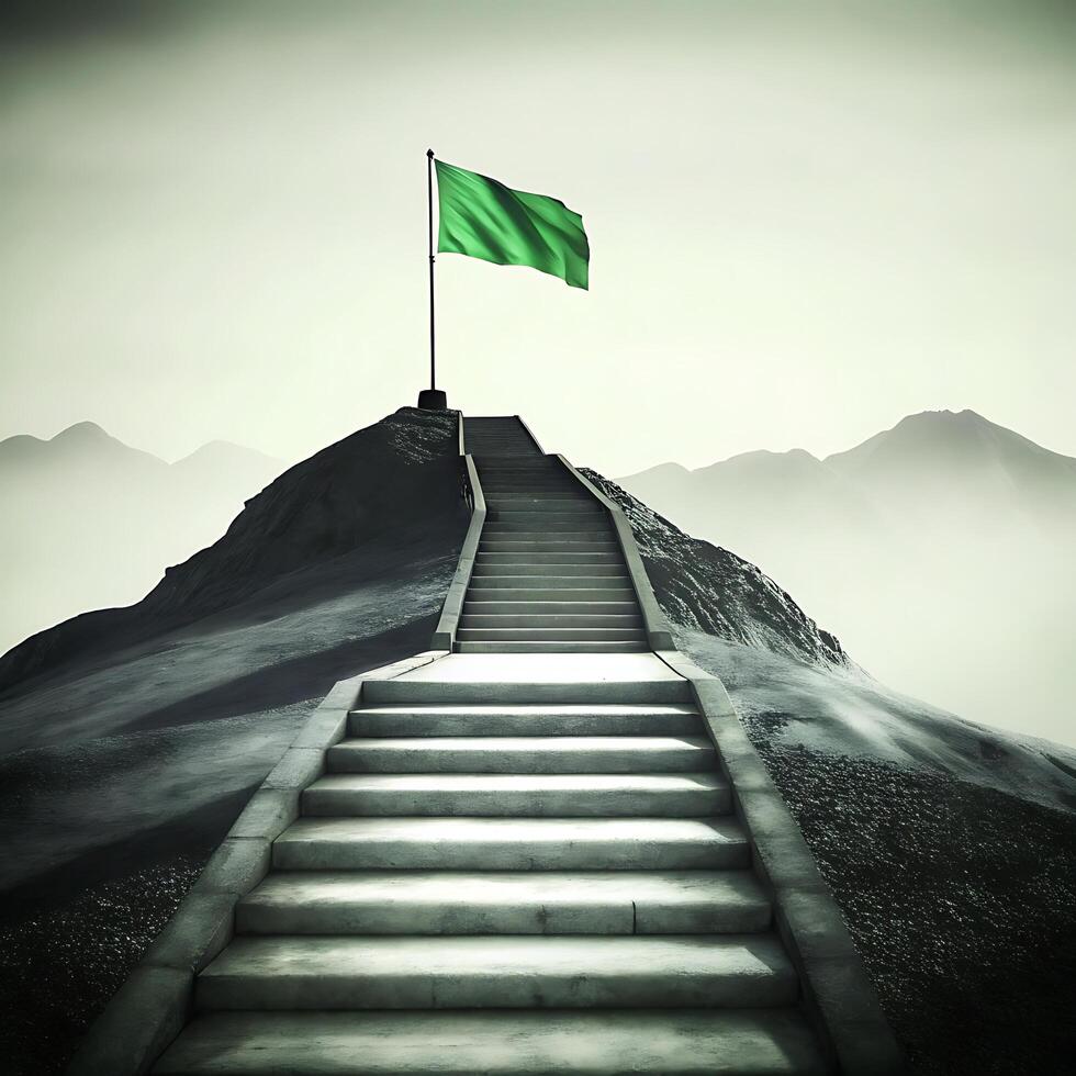 stairway with a green flag leading to mountain peaks symbolizing success and achievement photo