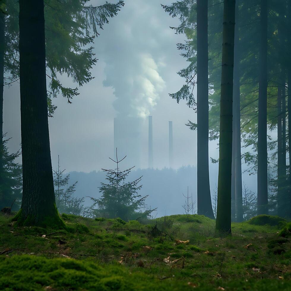A forest with trees and smoke coming out of the trees photo