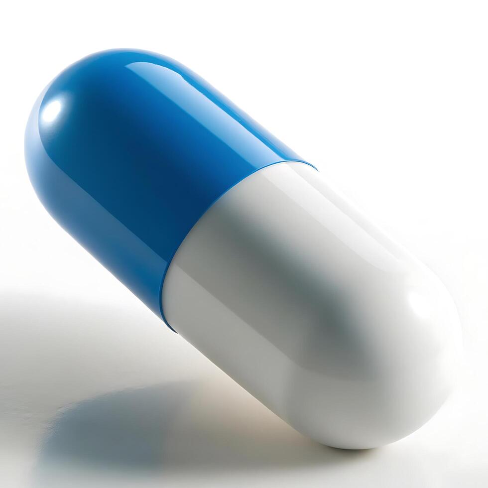 Closeup of a Shiny Blue and White Capsule photo
