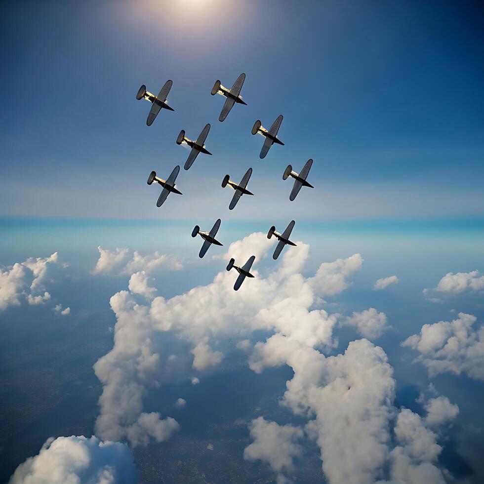 Vintage Warplanes in Formation Above Clouds photo