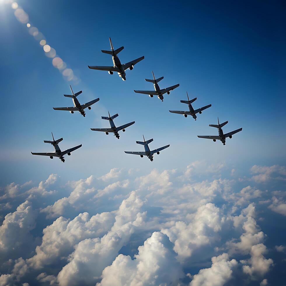 Military Aircraft Formations in a Clear Blue Sky Above Clouds photo