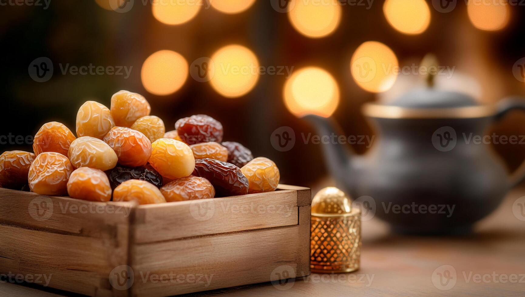 Dates in wooden box, bokeh background, teapot. Ramadan food photo