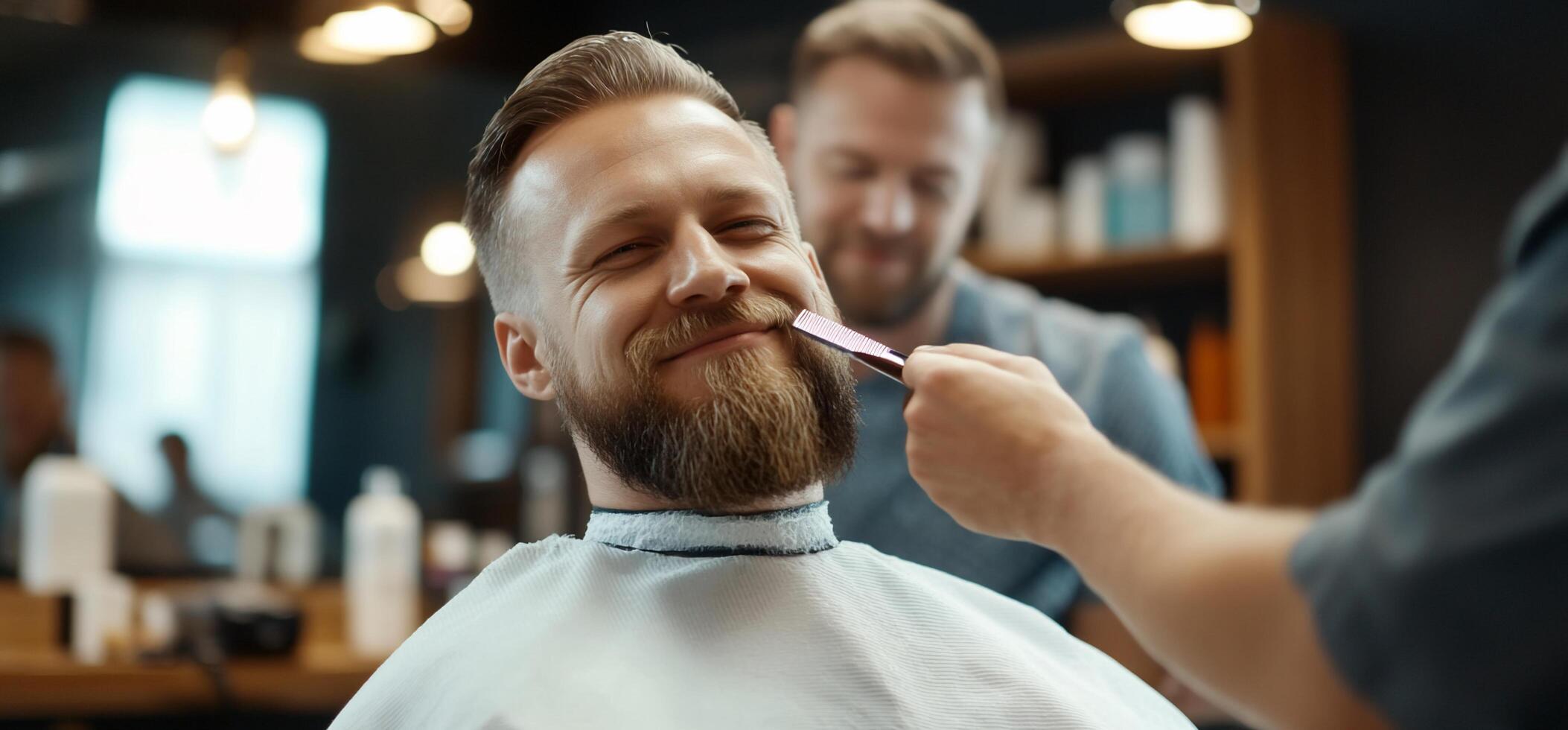 A man is getting his beard trimmed by another man photo