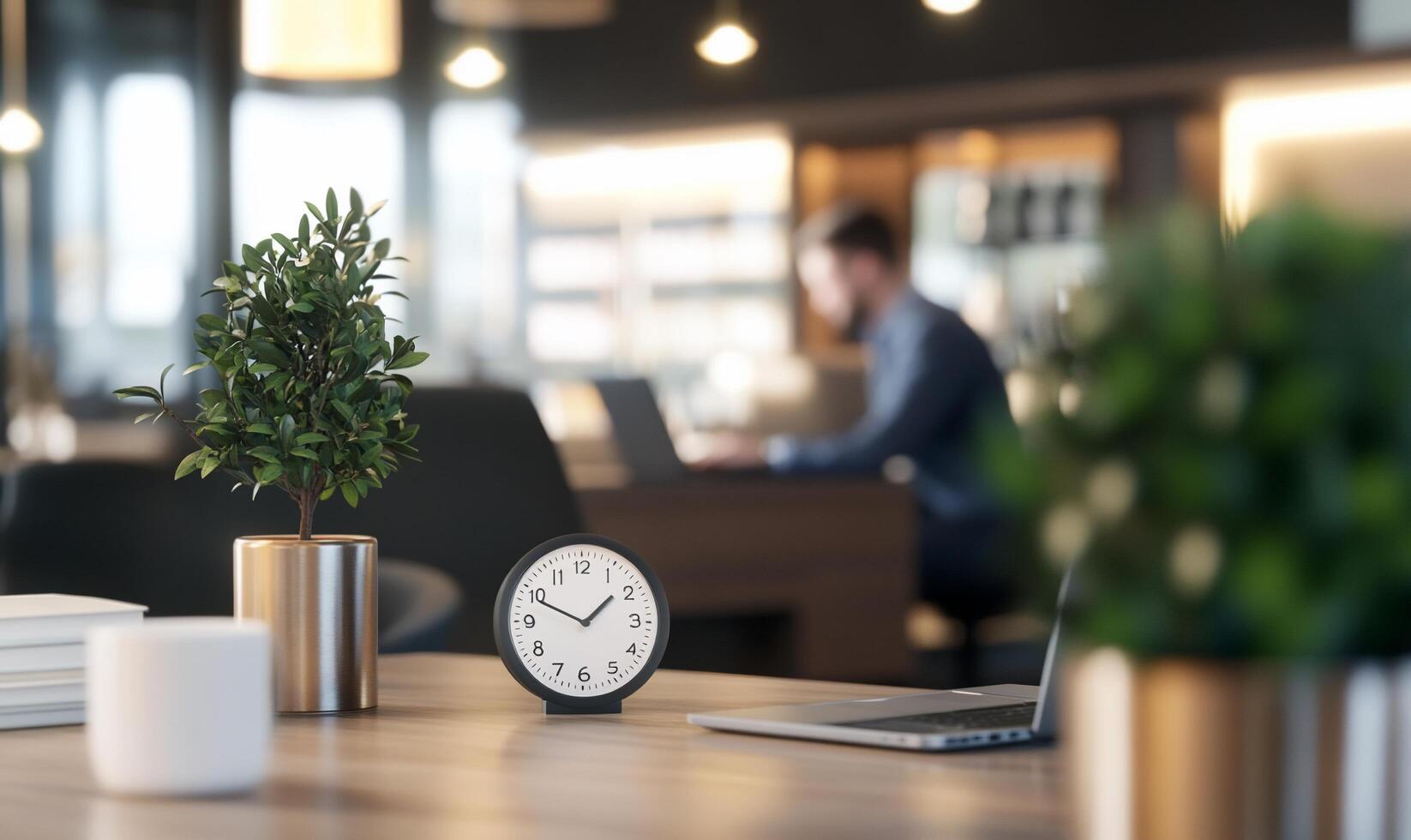 A clock and a plant on a table in front of a laptop photo