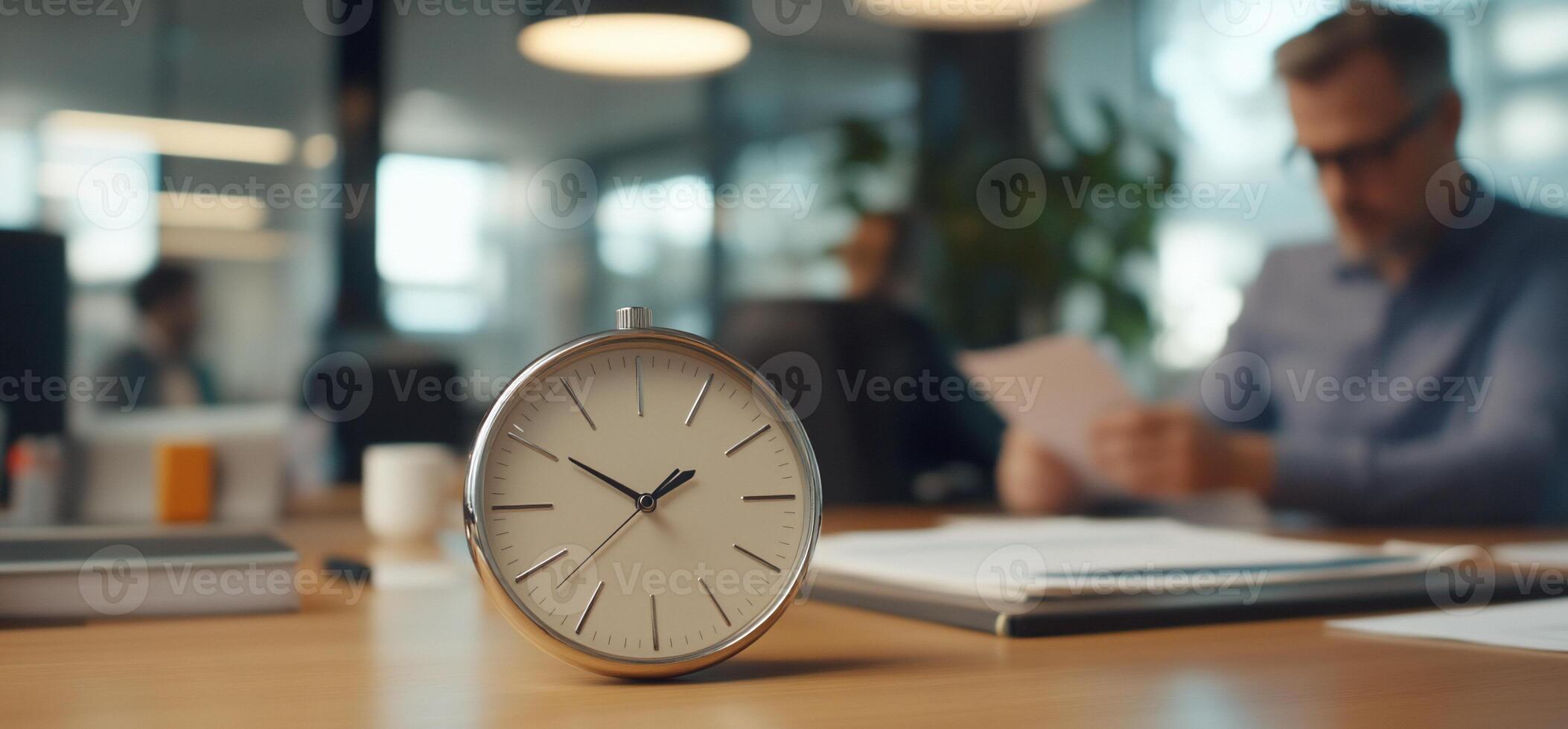 Office clock, man working, documents photo