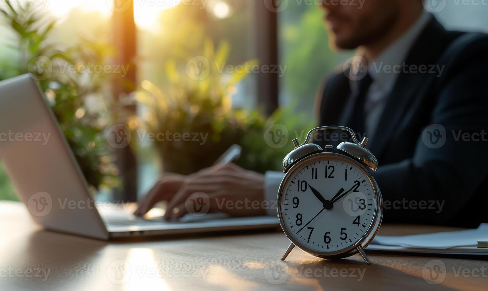 Businessman working at laptop, clock on desk, natural light photo
