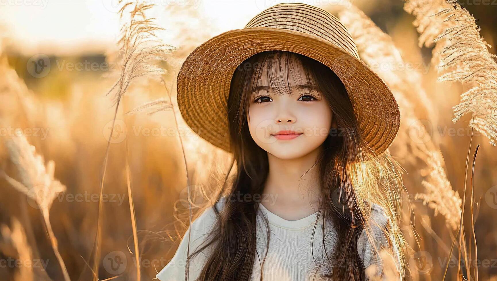 Child in straw hat, golden field, portrait, outdoor, nature, casual, possible use in children's fashion catalog photo