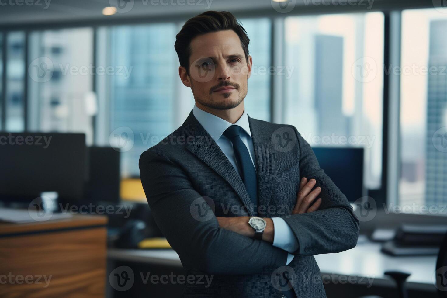 Businessman in office, confident pose, city view background, professional image photo