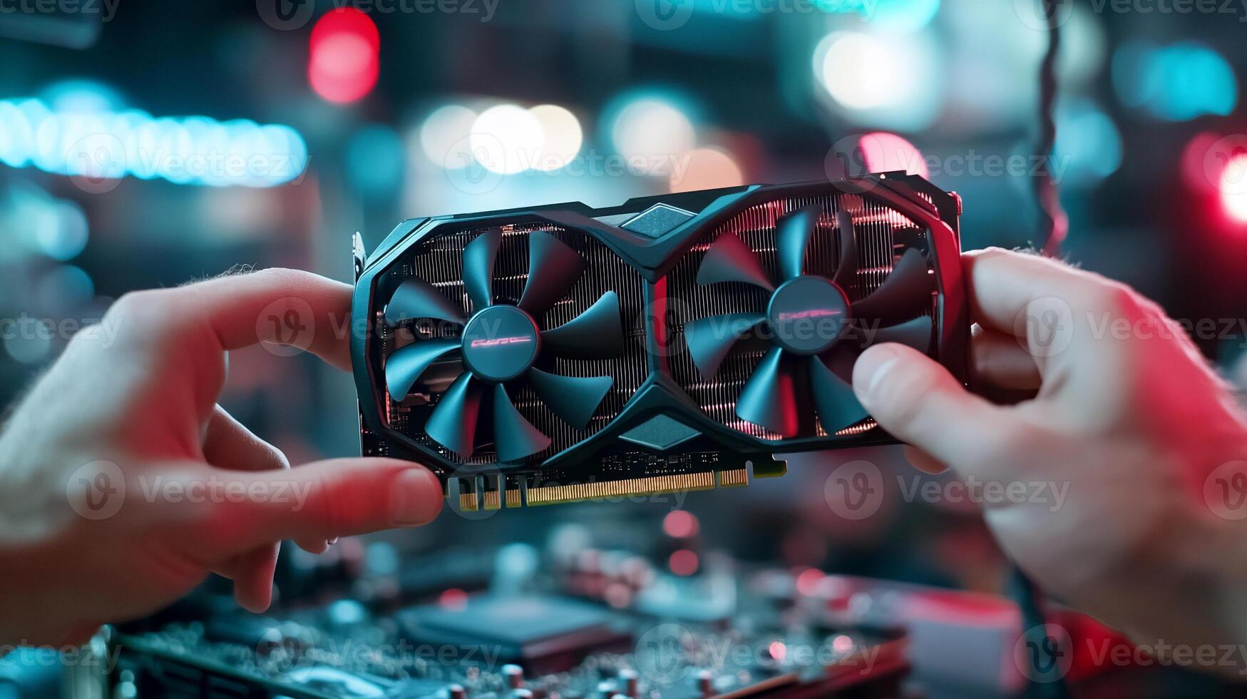 Hands holding graphics card, tech repair, bokeh background, computer component photo