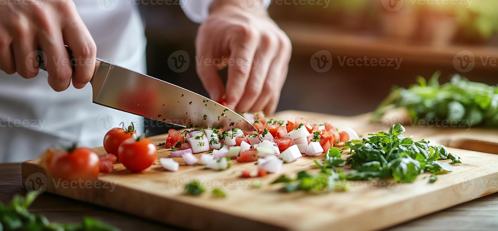 Chef chopping veggies, kitchen prep, healthy food photo