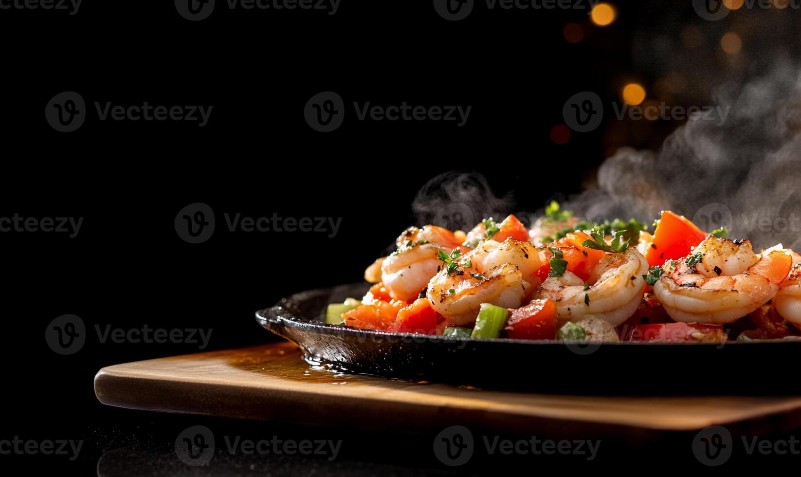 A skillet with shrimp and vegetables on it photo