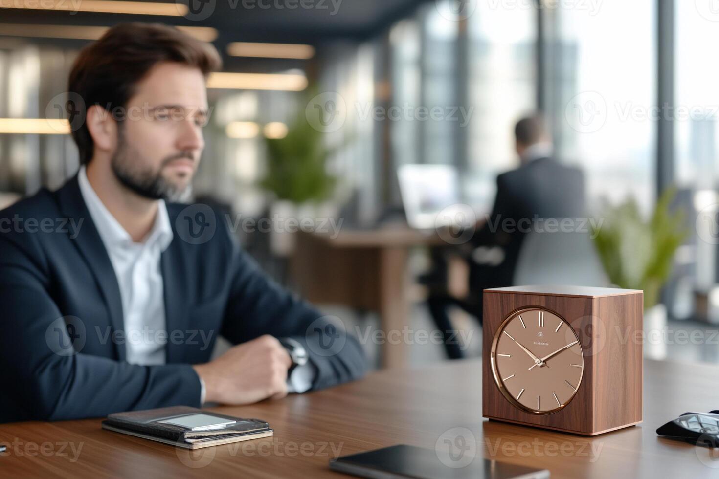 Businessman pensive, office clock, colleagues blurred background, productivity photo