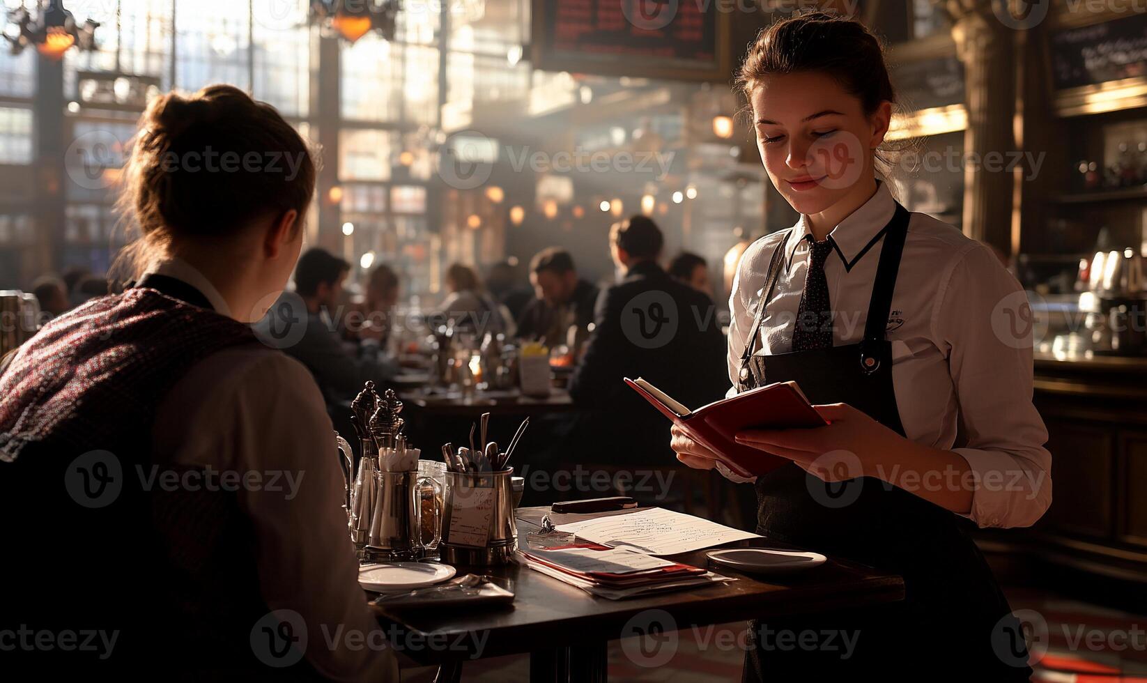 Waitress taking order in cafe, sunny day photo